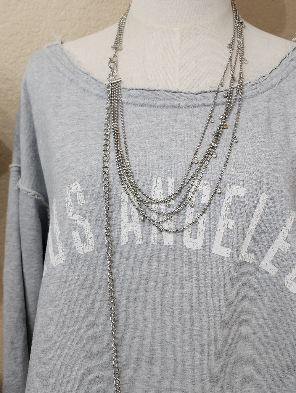 Multi-Layer Silver Ball Chain Rhinestone Dangle Necklace - Picture 6 of 6